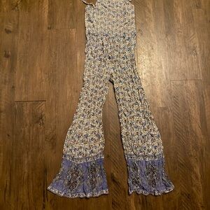 Angie Blue and Cream Boho Jumpsuit with Ruffled Hem